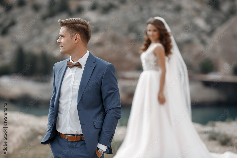 A beautiful bride and groom on their wedding day walk along a rocky shore near the sea.Honeymoon,Happy smiling bride and groom,spending time together in a mountainous area.Happy Wedding Day. A beautiful bride and groom on their wedding day walk along a rocky shore near the sea.Honeymoon,Happy smiling bride and groom,spending time together in a mountainous area.Happy Wedding Day.