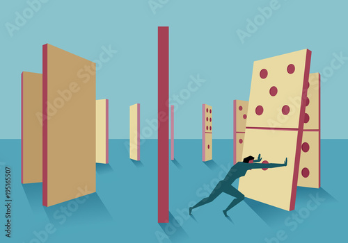 Man pushing domino piece from circle but last piece will crush him