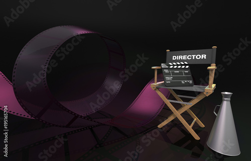 Film director's chair with horn film clamp and purple color Camera film strip waving on dark cinema background 3d illustration