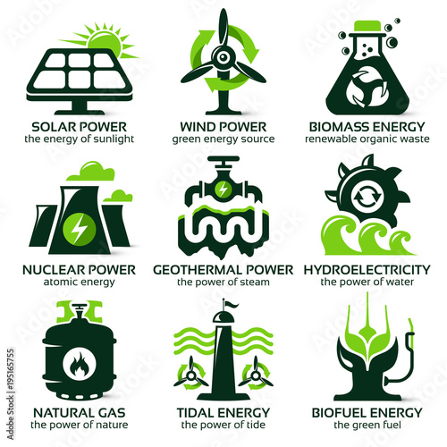 flat icon set for eco friendly alternative energy sources, the drop shadow contains transparencies, eps10