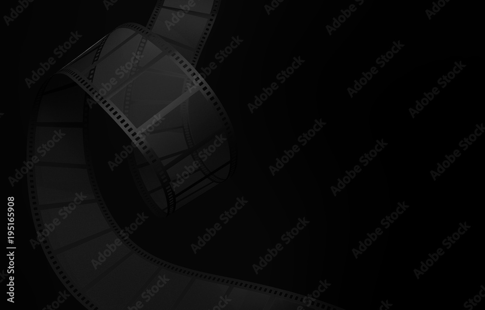 Camera film strip waving- dark cinema background. 3d illustration 