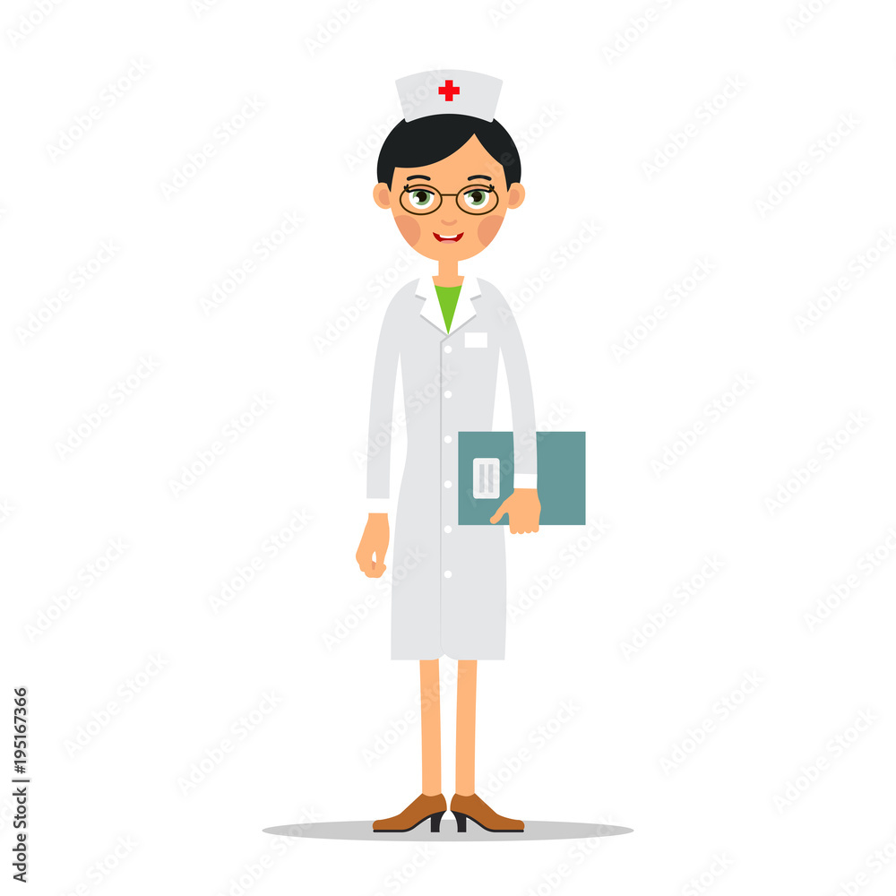 Doctor woman. Cartoon female doctor holding in hand folder with documents. Cartoon illustration isolated on white background in flat. Full length portrait of doctor woman, nurse or medical assistant