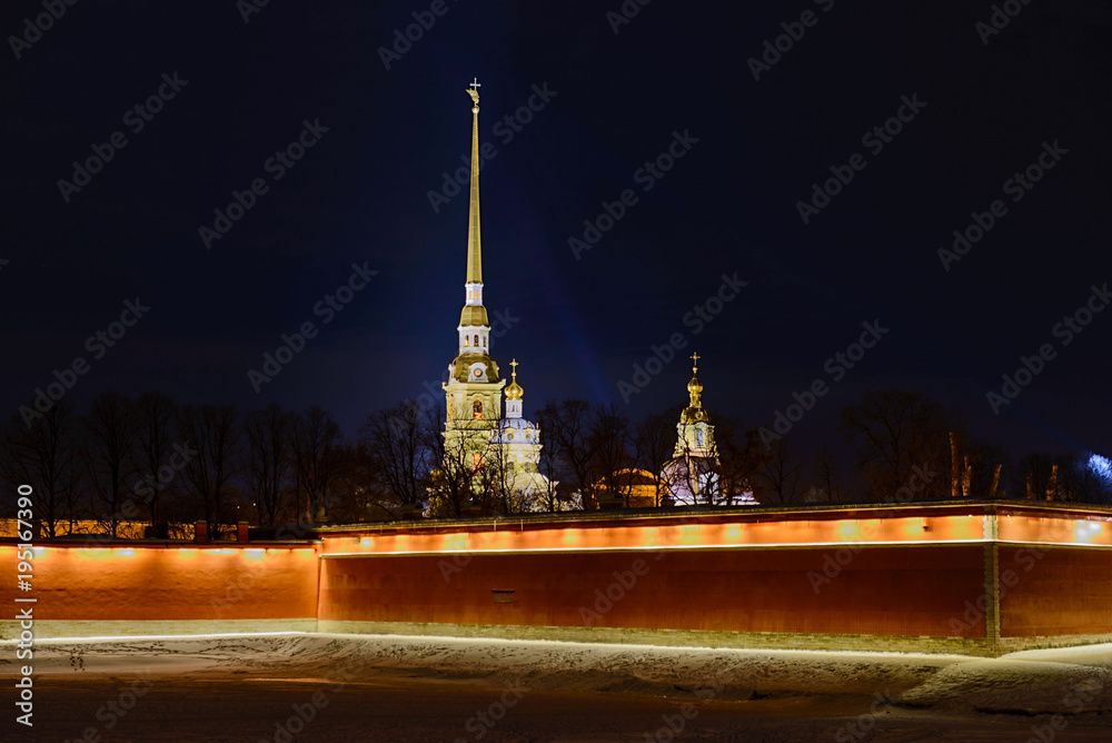 Obraz premium Night view of Peter and Paul Fortress in Saint-Petersburg, Russia at winter