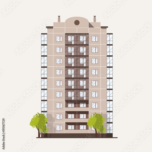 Panel building with multiple floors with balconies and pair of trees growing beside. Multi story living house isolated on white background. Prefab architecture and construction. Vector illustration.