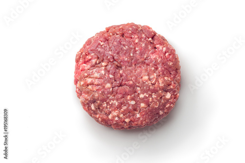 Closeup of some raw burgers on a white background
