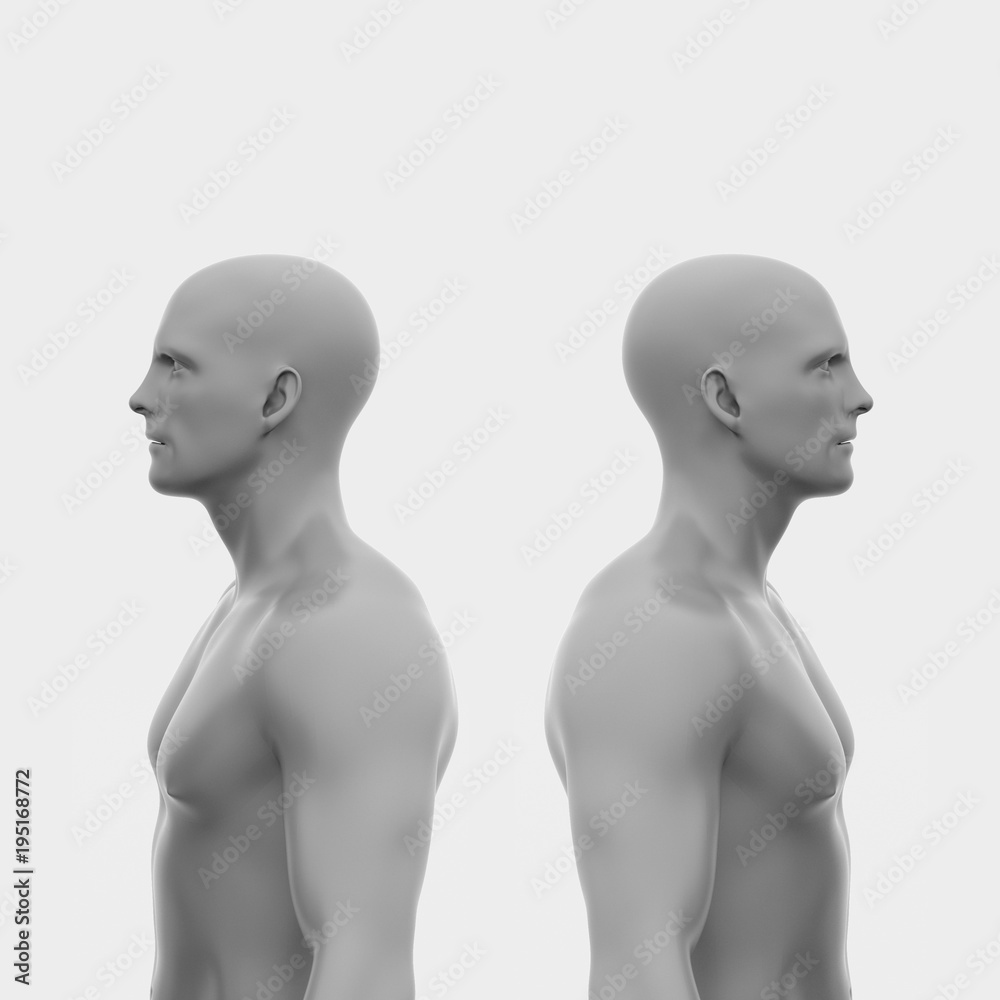 Two men back to back without clothing to the waist. abstract minimalist art. communication concept. 3d rendering illustration