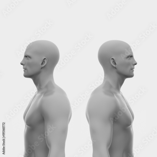 Two men back to back without clothing to the waist. abstract minimalist art. communication concept. 3d rendering illustration