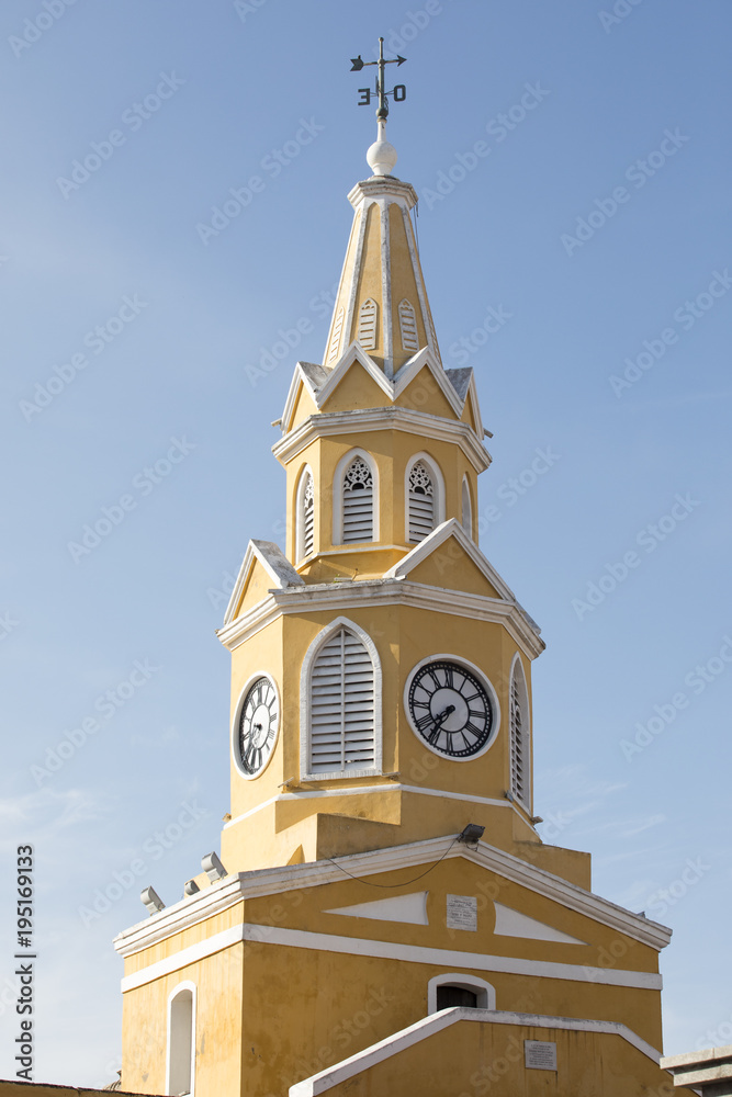 View of the clock tower gate in the walled old city in Cartagena, Colombia