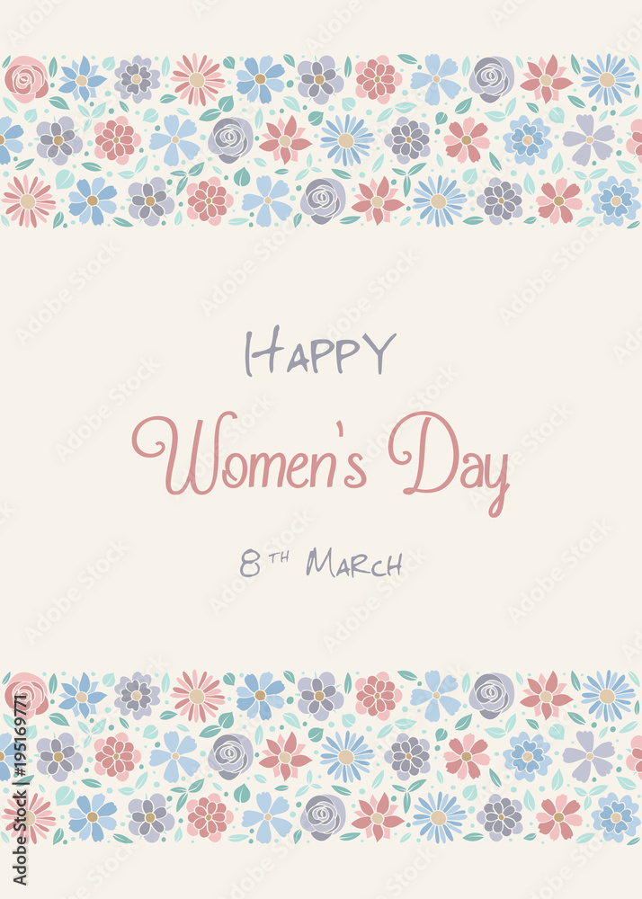 Cute card for Women's Day with cartoon flowers. Vector.