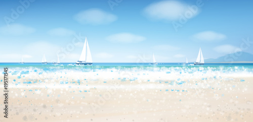 Vector sea view with  yachts, blue  sky and sandy beach.