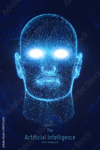 Human Big data visualization. Futuristic Artificial intelligence concept. Cyber mind aesthetic design. Machine learning. Complex data threads in form of head with binary data.
