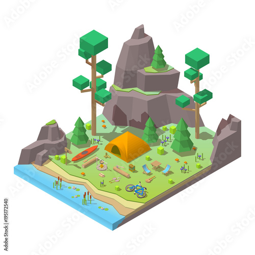 Vector isometric 3d low poly elements in the camping site