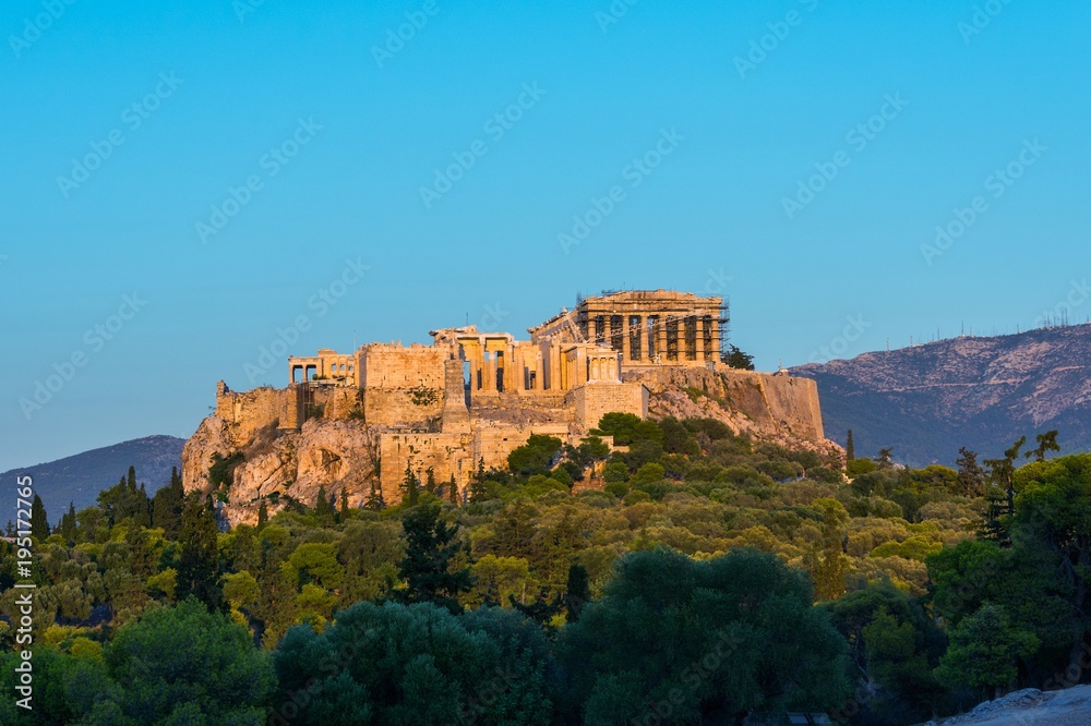 The Acropolis of Athens lit by the setting sun
