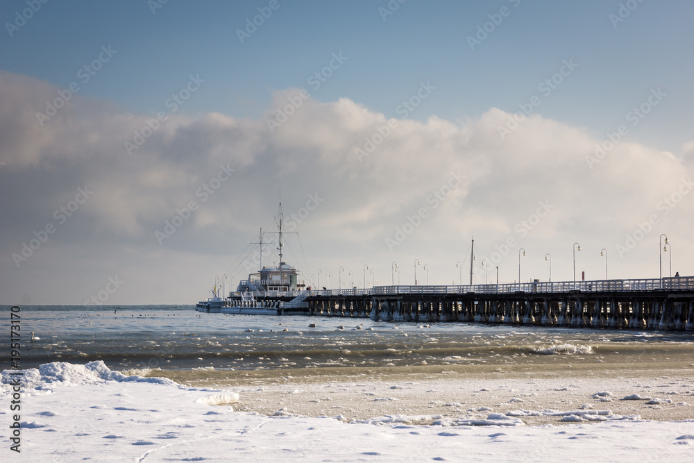 Fototapeta premium Pier on the Baltic sea at winter in Sopot, Pomorskie, Poland