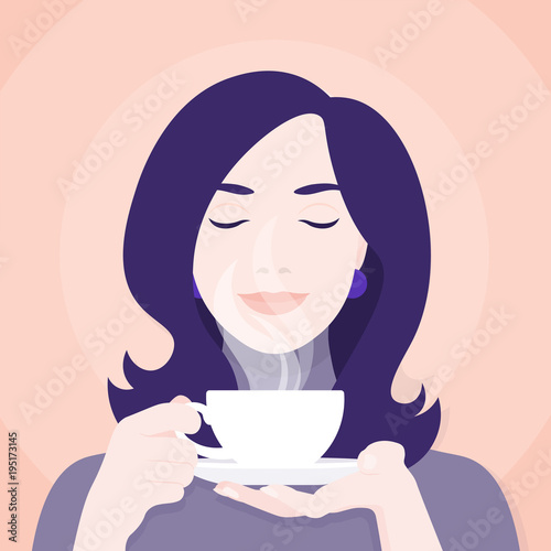 A woman is holding a cup of tea or coffee. The pleasure of a hot drink. Vector illustration
