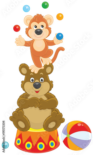 Circus bear and monkey juggling with color balls