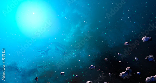 Space scene. Blue nebula with asteroids. Elements furnished by NASA. 3D rendering