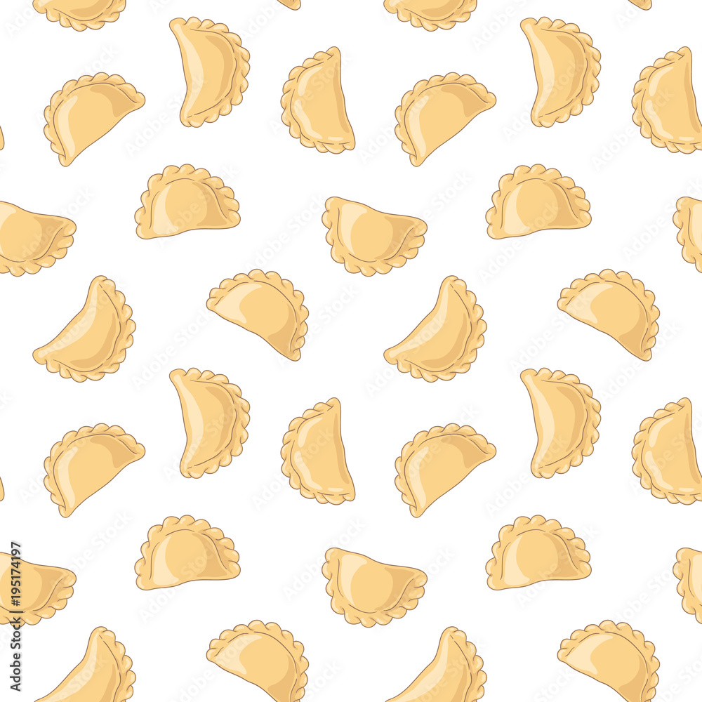 Dumplings (pierogi, varenyky, pelmeni) seamless pattern. Dumplings on white background. Polish cuisine. Eastern european cuisine. Vector hand drawn illustration seamless pattern.
