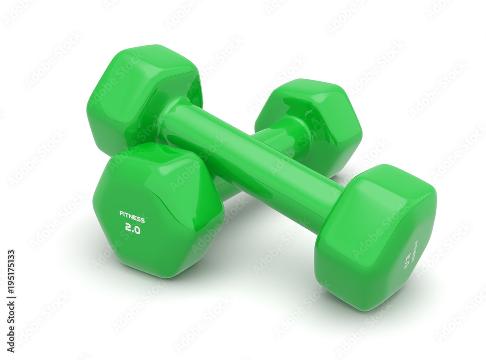 Two glossy dumbbells of green color isolated on white with light shadow background 3d illustration Two glossy dumbbells of green color isolated on white with light shadow background 3d illustration