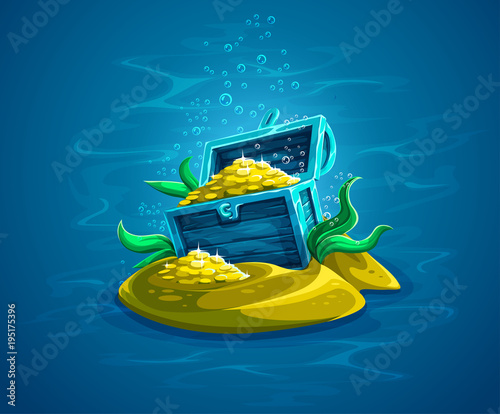 Open trunk. Hidden pirate chest with gold treasures in ocean