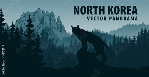 vector panorama of North Korea with mountain Chilbosan and lynx in woodland
