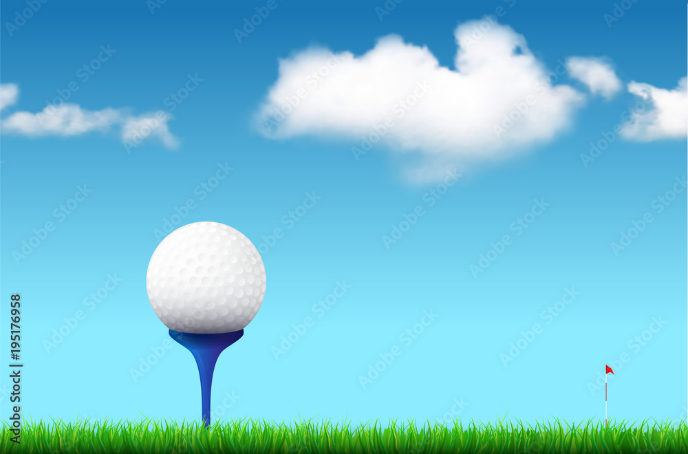 Golf ball on tee under blue sky with clouds Golf ball on tee under blue sky with clouds