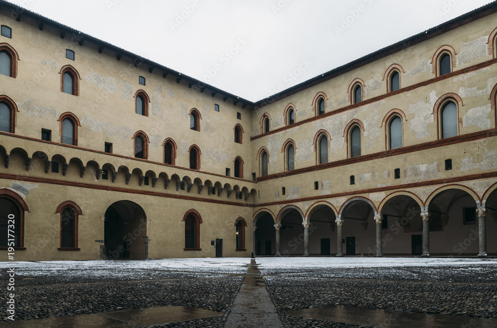 Medieval courtyard at Milan's Castello Sforzesco, Lombardy, Ital