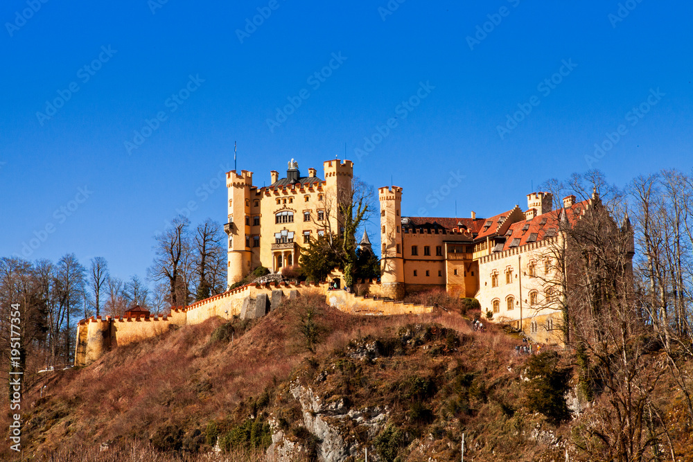 Schwangau, Germany - March 4, 2018: famous Hohenschwangau Castle in the Bavarian Alps of Germany.