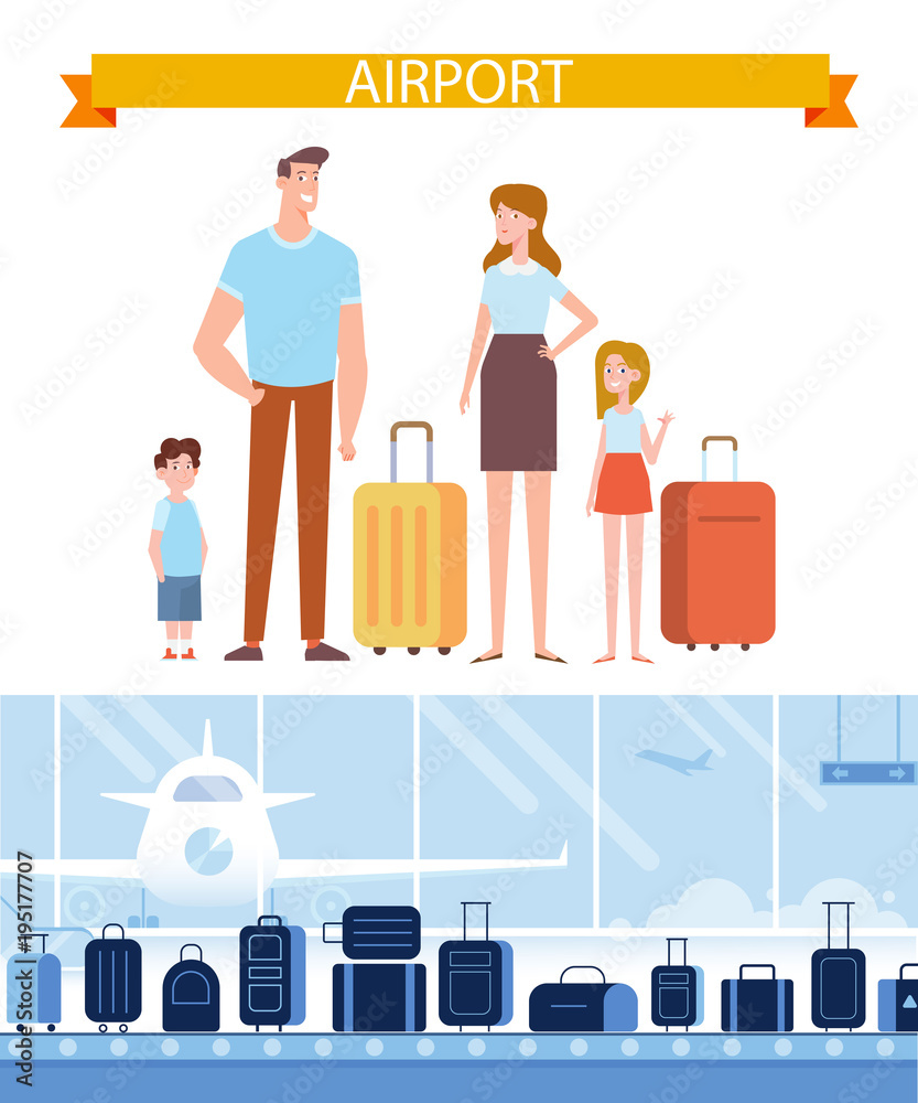 People traveling design. Happy family with luggage at airport ready for vacation. Conveyor belt in airport hall Flat Vector background. People traveling design. Happy family with luggage at airport ready for vacation. Conveyor belt in airport hall Flat Vector background.