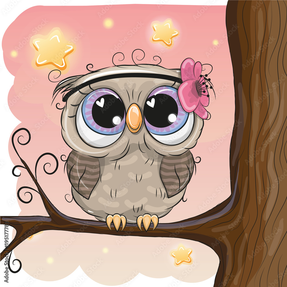 Obraz premium Cute Owl with flower on a brunch