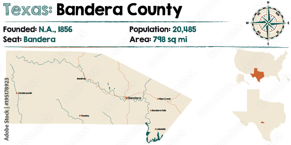 Detailed map of Bandera county in Texas, USA