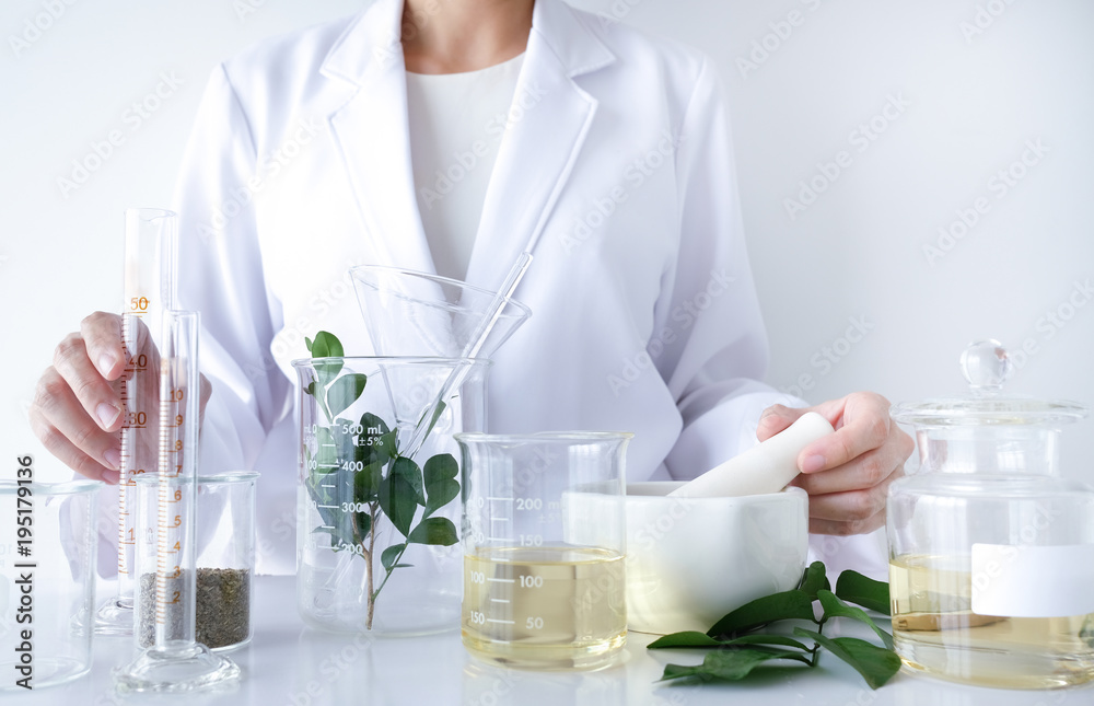 the scientist,doctor, make alternative herb medicine with herbal the organic natural in the laboratory. oil capsule, natural organic skincare and cosmetic. - obrazy, fototapety, plakaty 