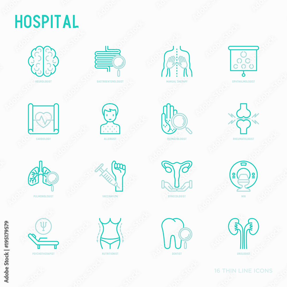 Hospital thin line icons for doctor's notation: neurologist, gastroenterologist, manual therapy, ophtalmologist, cardiology, allergist, dermatologist, dentist. Vector illustration for clinic.