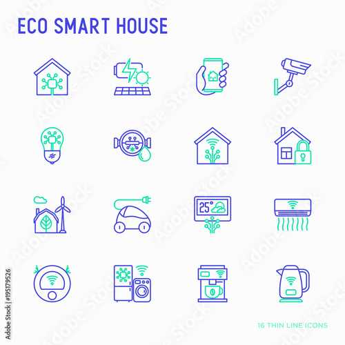 Eco smart house thin line icons set: solar battery, security, light settings, appliances, artificial intellegence, mobile app control. Energy saving and new technologies vector illustration.