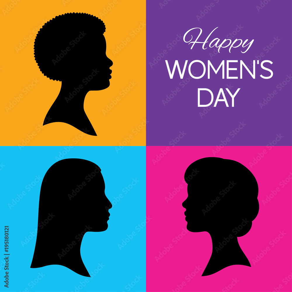 Vector illustration. Three black silhouettes of human female head in profile. Happy women's day greeting card. African, Asian and Caucasian race. Colorful background. Isolated. Square format.