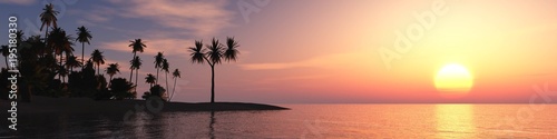 sunset on a tropical island with palm trees  3D rendering   © ustas