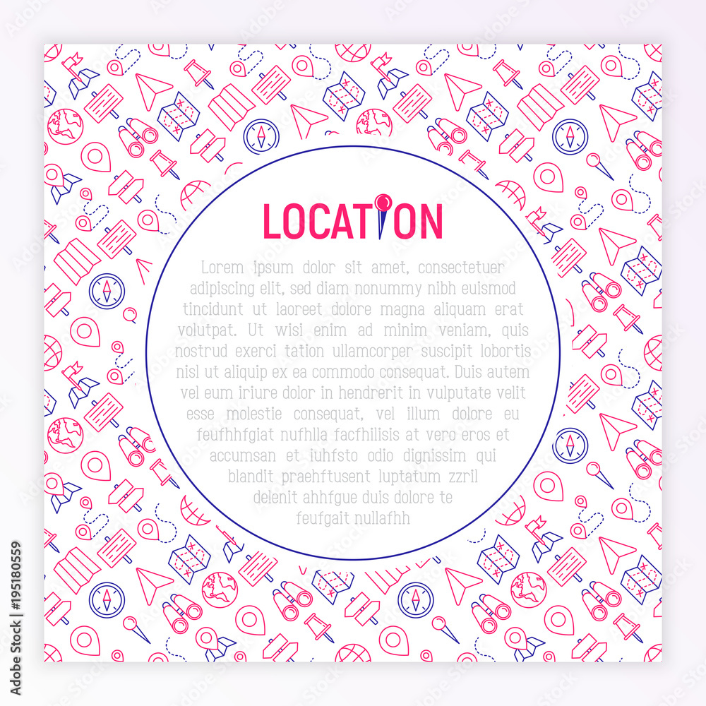 Location concept with thin line icons: pin, pointer, direction, route, compass, wall needle, cursor, navigation, gps, binoculars. Modern vector illustration for banner, web page, print media. Location concept with thin line icons: pin, pointer, direction, route, compass, wall needle, cursor, navigation, gps, binoculars. Modern vector illustration for banner, web page, print media.