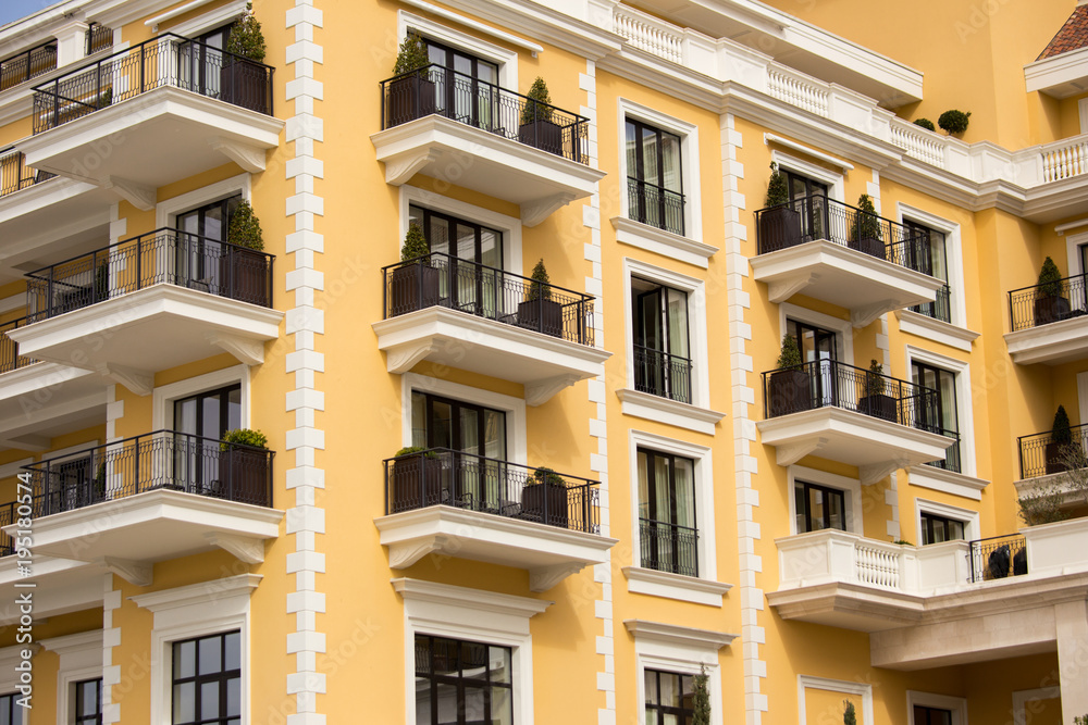 Multi-storey hotel with balconies