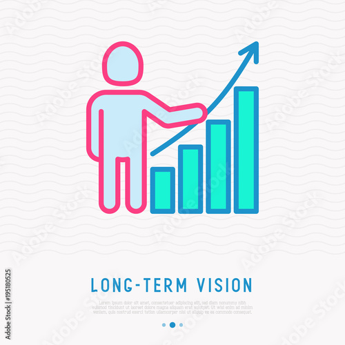 Long-term vision thin line icon, man with graph of growth. Modern vector illustration of investment in global business.