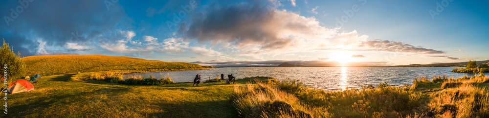 Panoramic view of sunset at Myvatn lake on Iceland, summer - obrazy, fototapety, plakaty 
