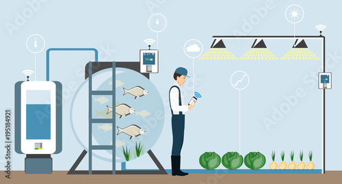 Growing plants in the greenhouse. Smart farm with wireless control. Eco farm with aquaponics system of planting vegetables. Vector illustration.