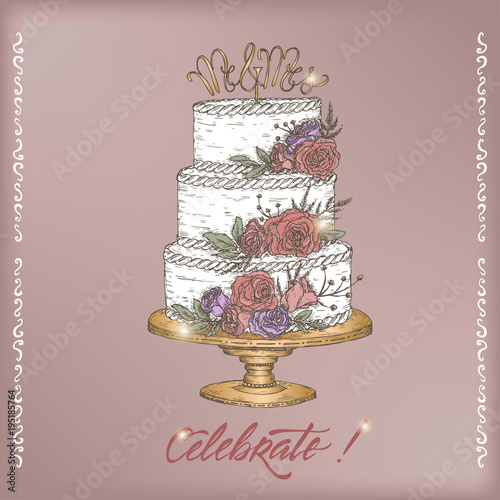 Romantic vintage Wedding greeting card template with calligraphy and cake color sketch. photo