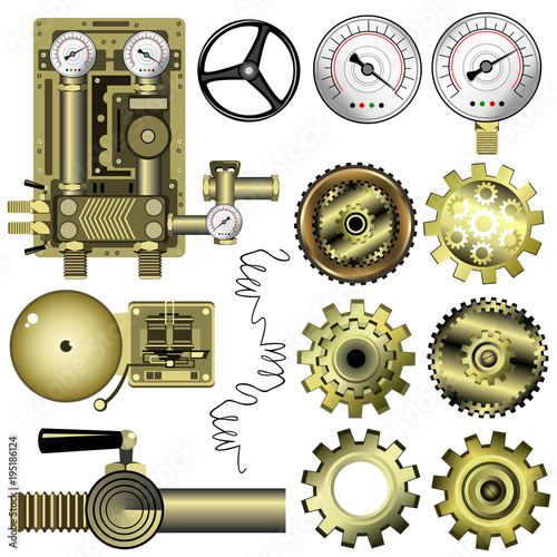 Steampunk machine gears and other details, set of hand drawn vector objects isolated on white background for games and web design.