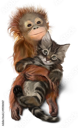 A baby orangutan cuddles the kitten