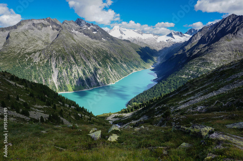 Amazing lake in a glacial valley in between mountains