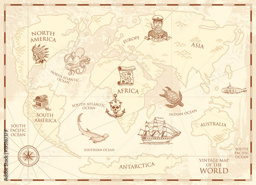 Vintage world map with compass and mountains. Sea creatures in the ocean. Aged treasure. marine captain and anchor, nautical pirates. old retro parchment. engraved hand drawn, mainland and island.