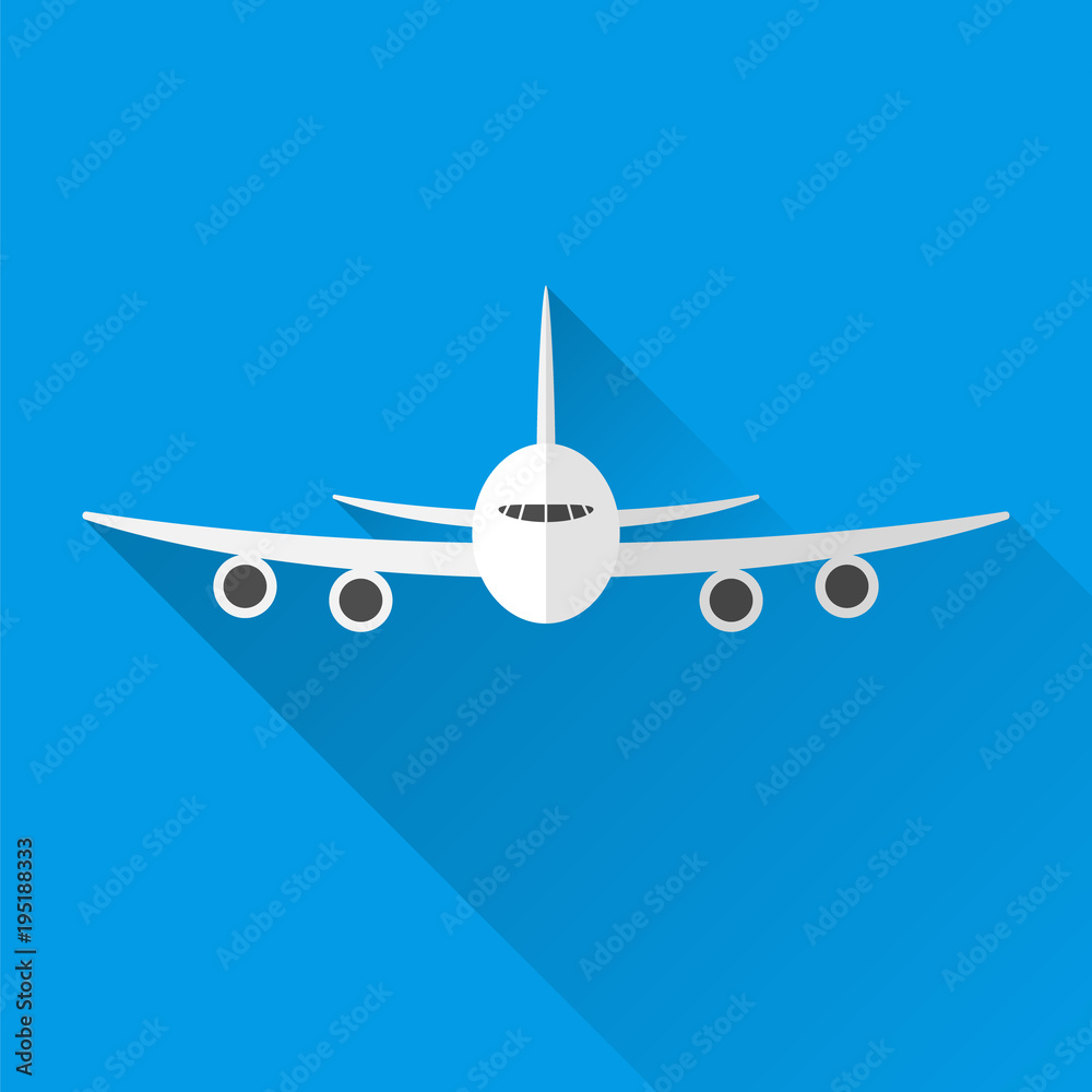 Passenger plane, front view, blue background, with shadow. Flat style. 10 eps Passenger plane, front view, blue background, with shadow. Flat style. 10 eps