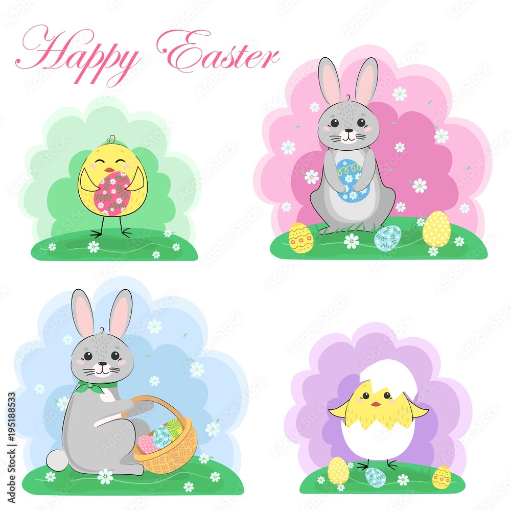 Easter bunnies and chickens, set. It's spring. Seasonal celebration. Vector illustration.