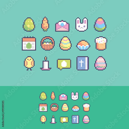 Pixel art cute easter vector icons set.