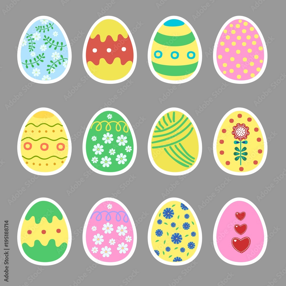 Easter eggs, stickers set. It's spring. Gift. Seasonal celebration. Vector illustration.